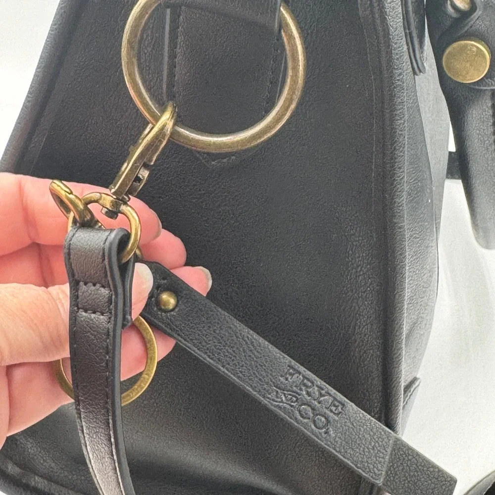 Frye and Co Black Faux Leather Satchel Crossbody Bag Brass Hardware Large